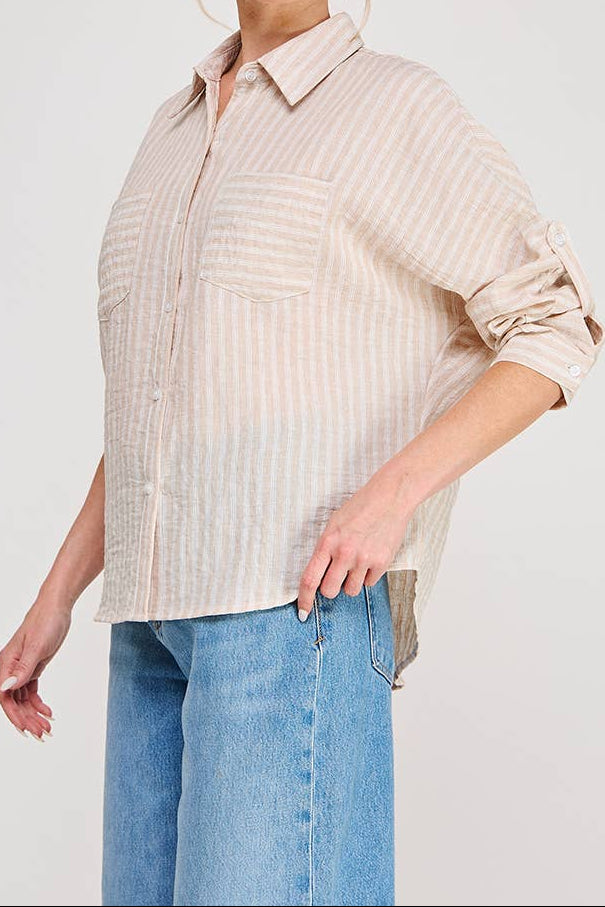 Jane Sift Linen Blend Striped Button-Up