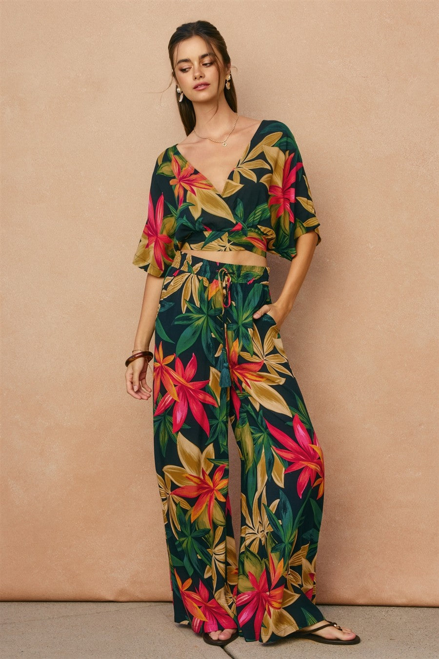 Rowan Printed Wide Leg Pants in Midnight Paradise, print detail