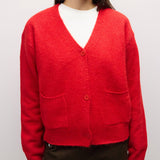 RED 5 close up of red fuzzy knit, V neckline and buttons