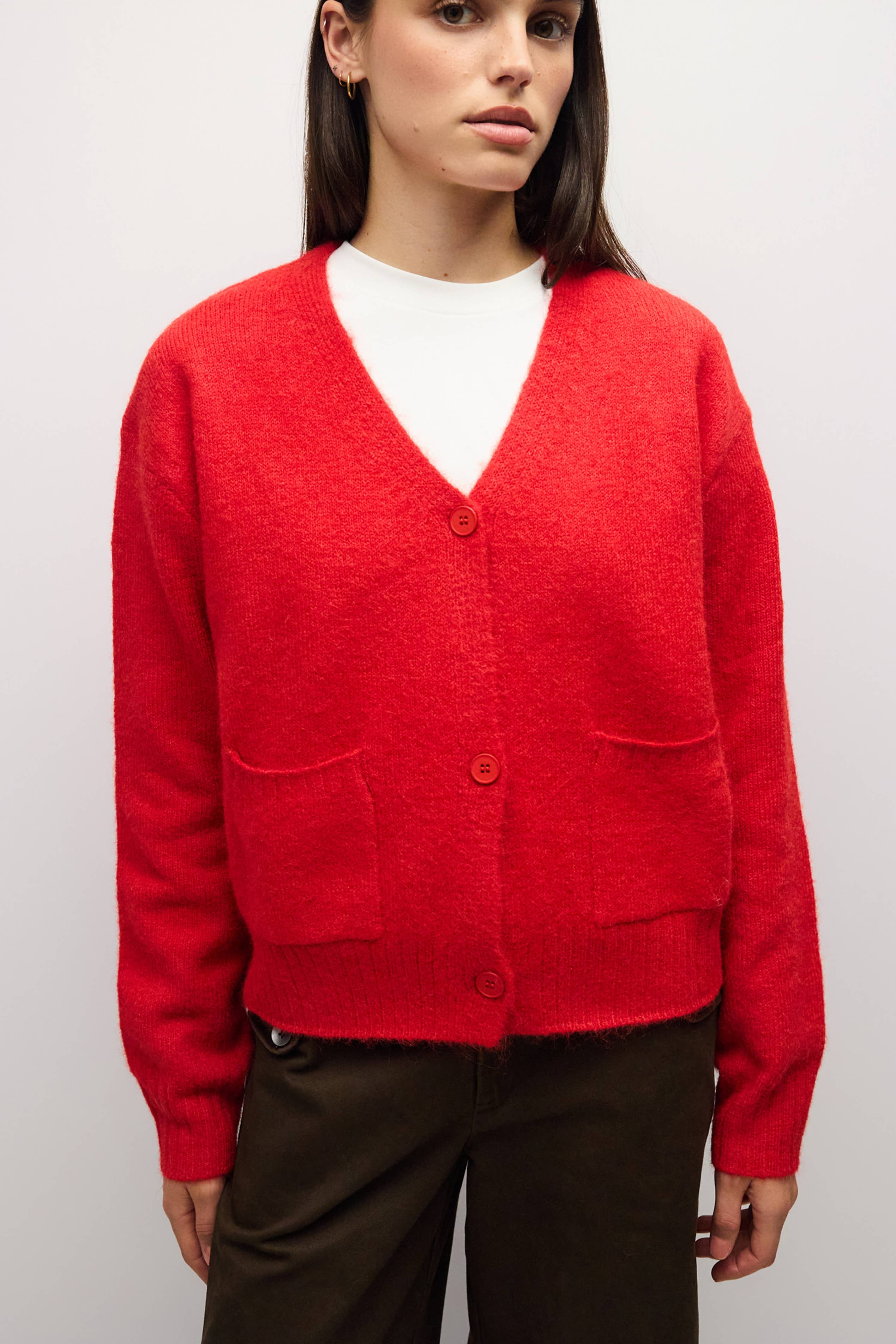 RED 5 close up of red fuzzy knit, V neckline and buttons