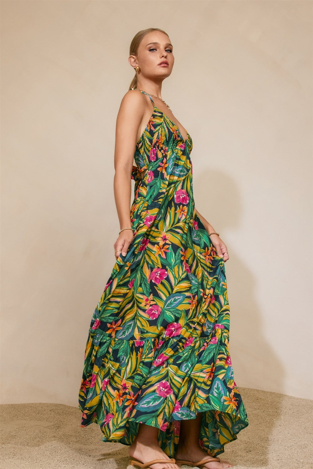 Bramble Smocked Halter Maxi Dress in Botanical Bloom, side
