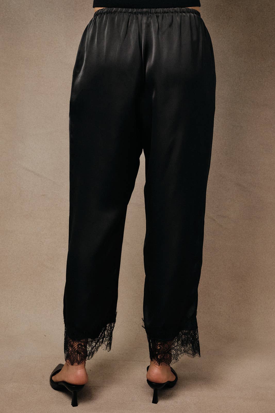 Firelight Satin Lace Hem Pants in Black, side view