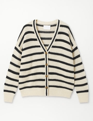 Striped cardigan with black and white stripes on a white background