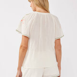 Floral Embroidery Split Neck Short Sleeve Top Cream/Coral