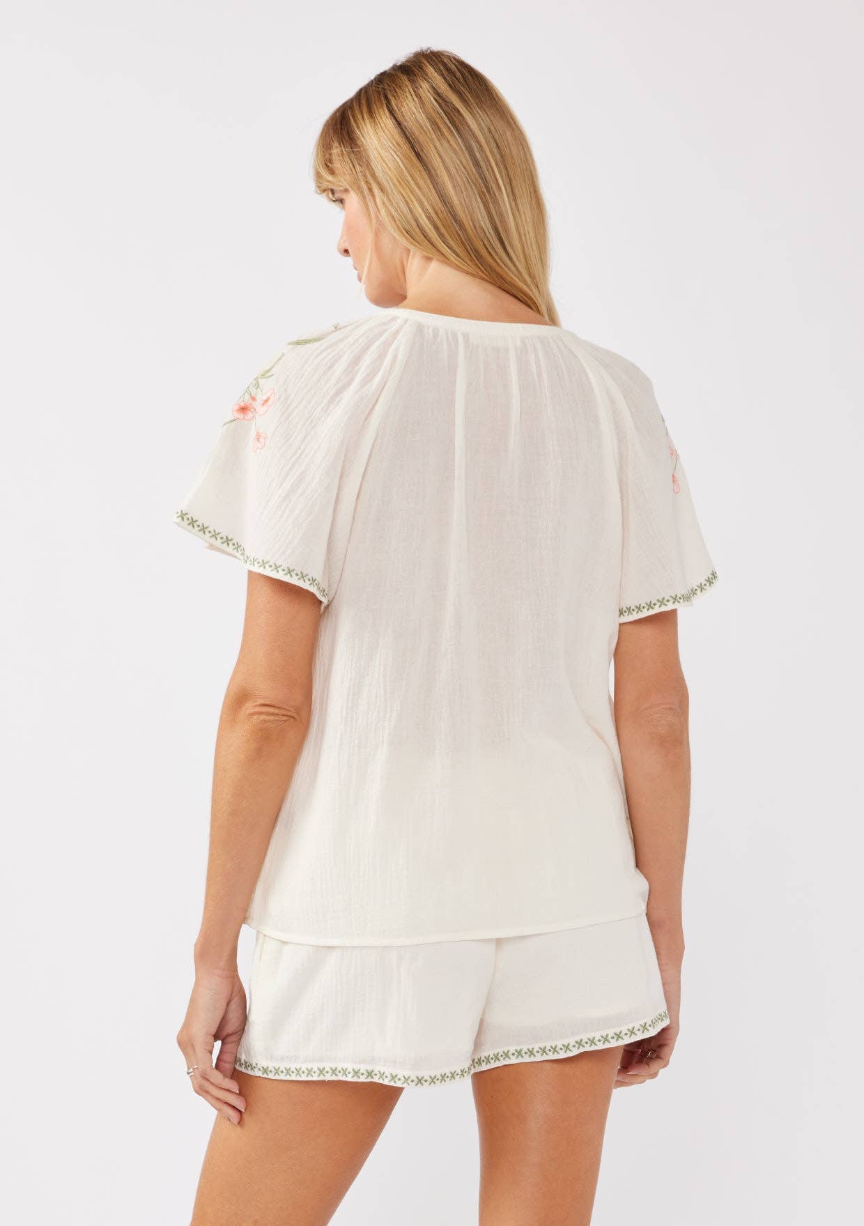Floral Embroidery Split Neck Short Sleeve Top Cream/Coral
