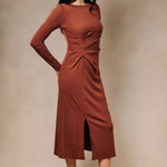 Hearth Pleated Midi Dress in Brick, detail