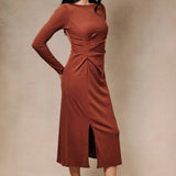 Hearth Pleated Midi Dress in Brick, detail