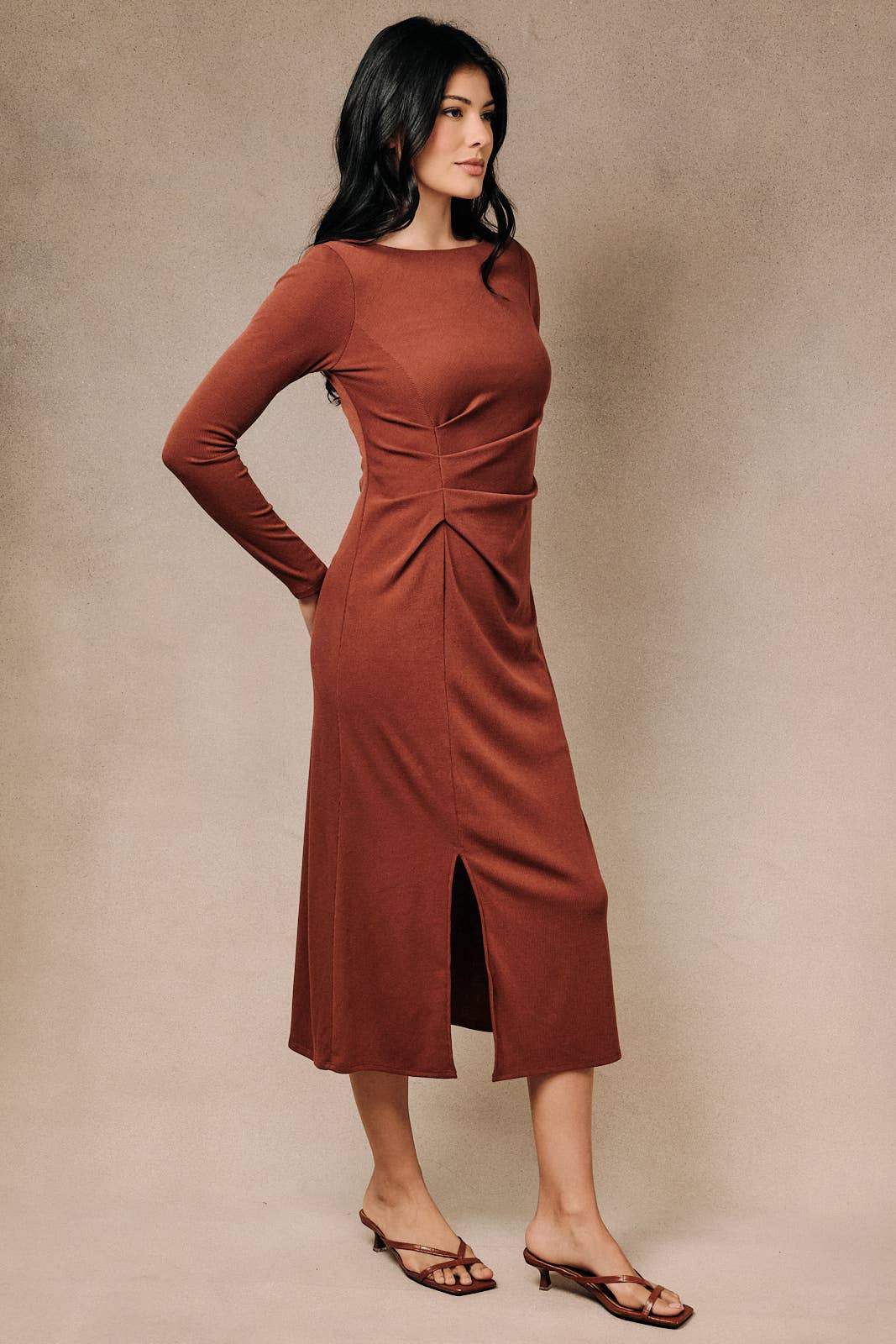 Hearth Pleated Midi Dress in Brick, detail