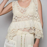 Pol - Womens - Tops - Tanks - Round Neck Ruffle Eyelet Crochet Top - MTT Collective