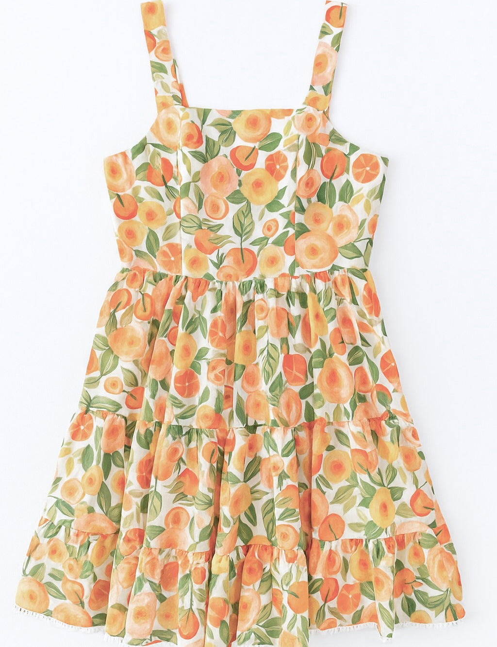 Floral dress with peach pattern on a white background