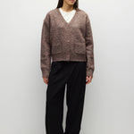 BROWN 1 fuzzy knit V neck cardigan in brown, front view