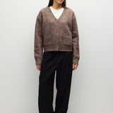 BROWN 1 fuzzy knit V neck cardigan in brown, front view