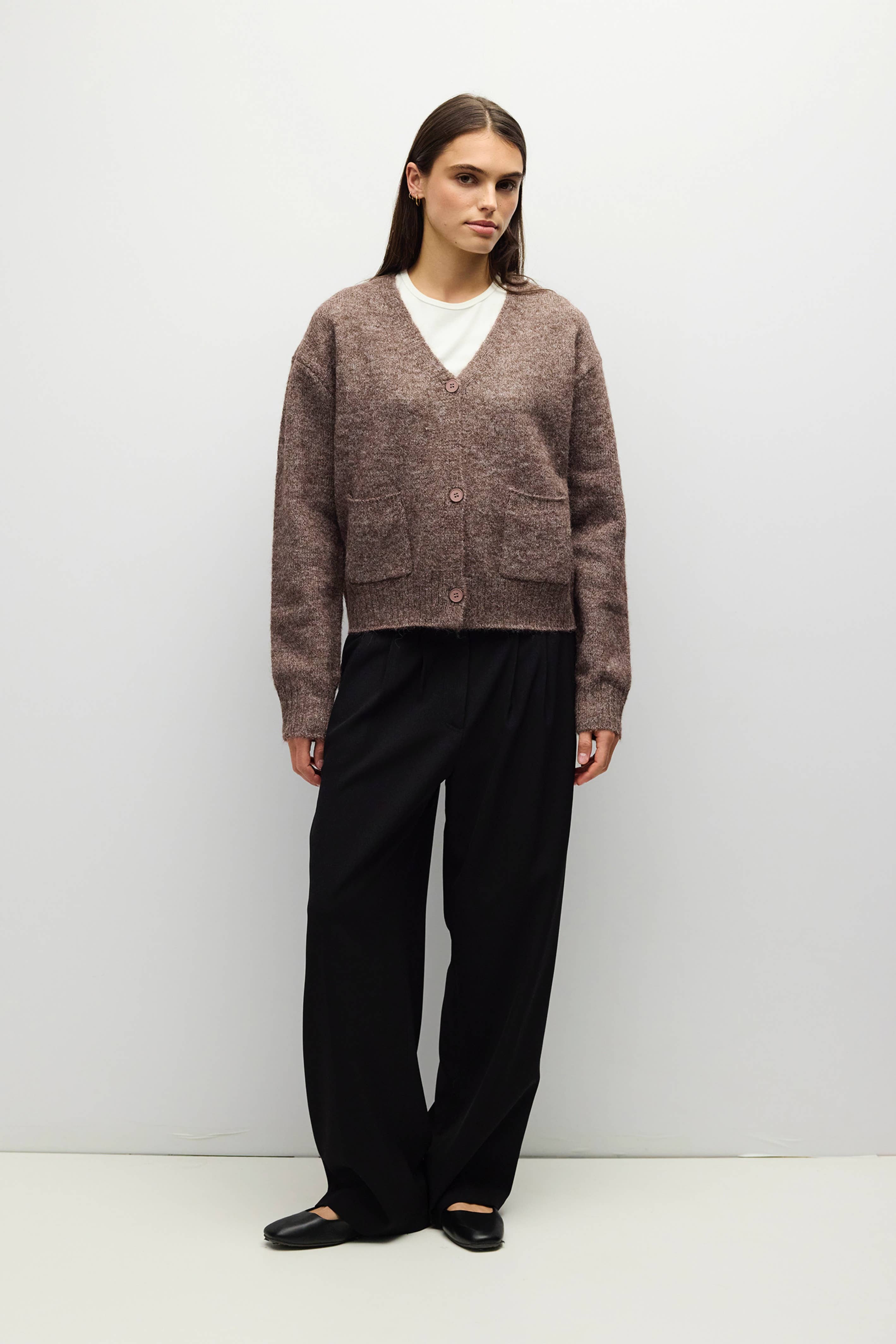 BROWN 1 fuzzy knit V neck cardigan in brown, front view