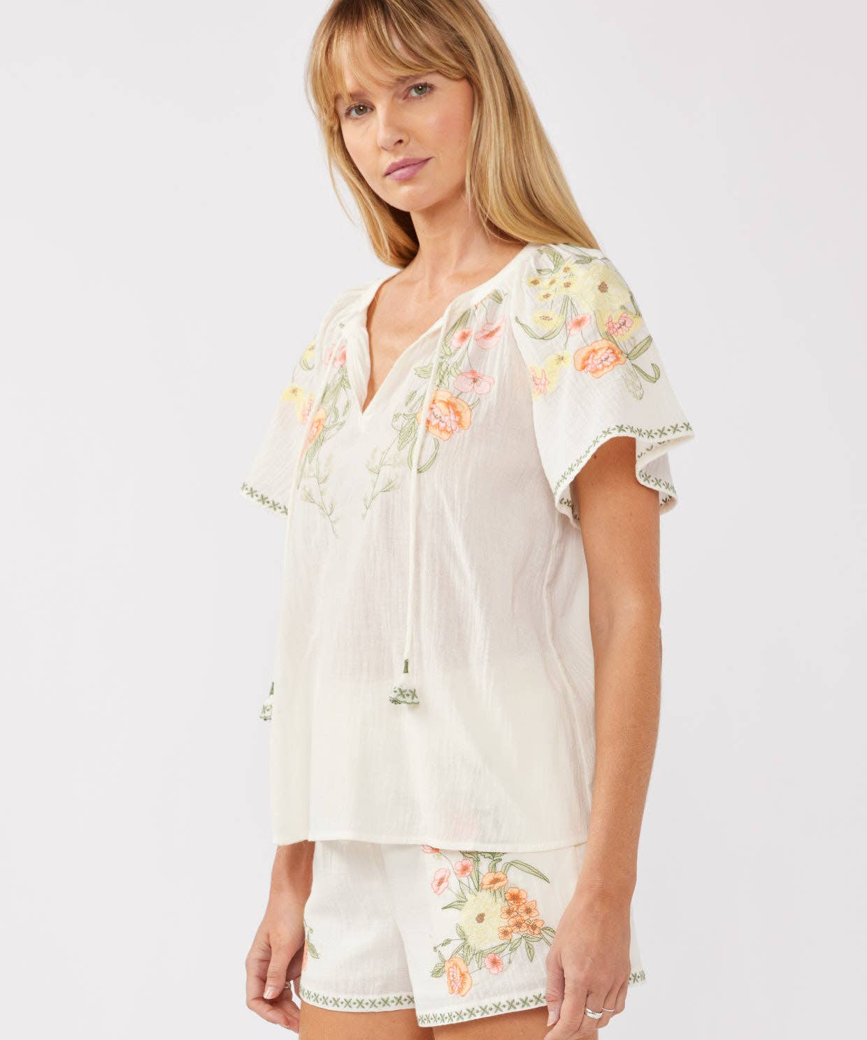 Floral Embroidery Split Neck Short Sleeve Top Cream/Coral