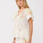 Floral Embroidery Split Neck Short Sleeve Top Cream/Coral
