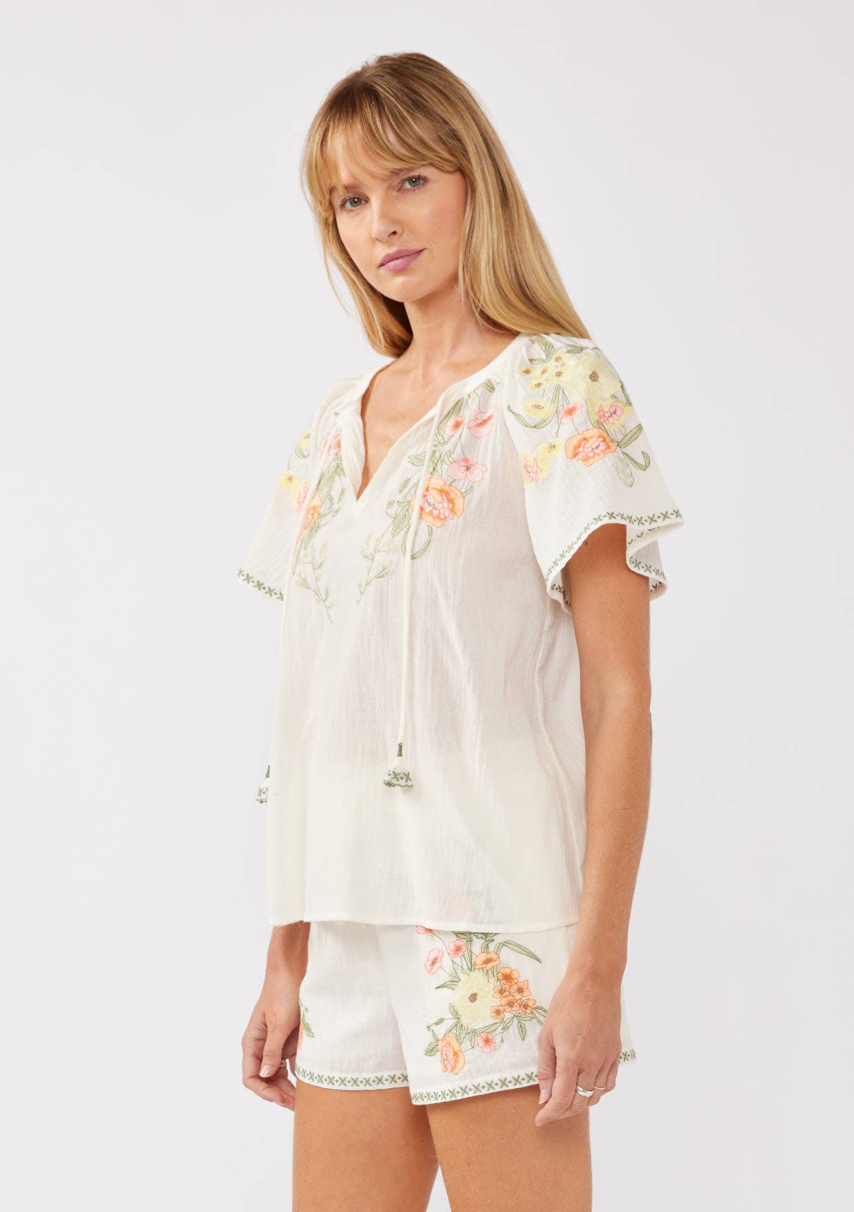 Floral Embroidery Split Neck Short Sleeve Top Cream/Coral