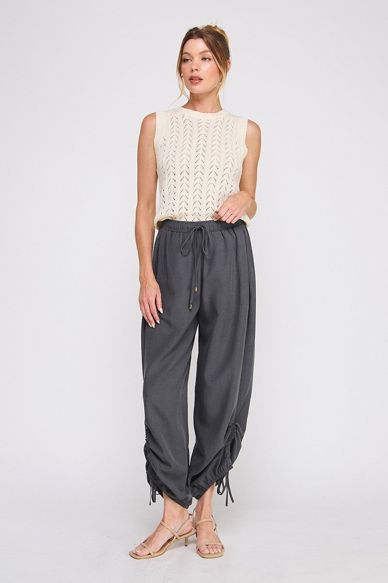 Marlow Drapey Twill High-Waist Jogger charcoal scrunch leg detail