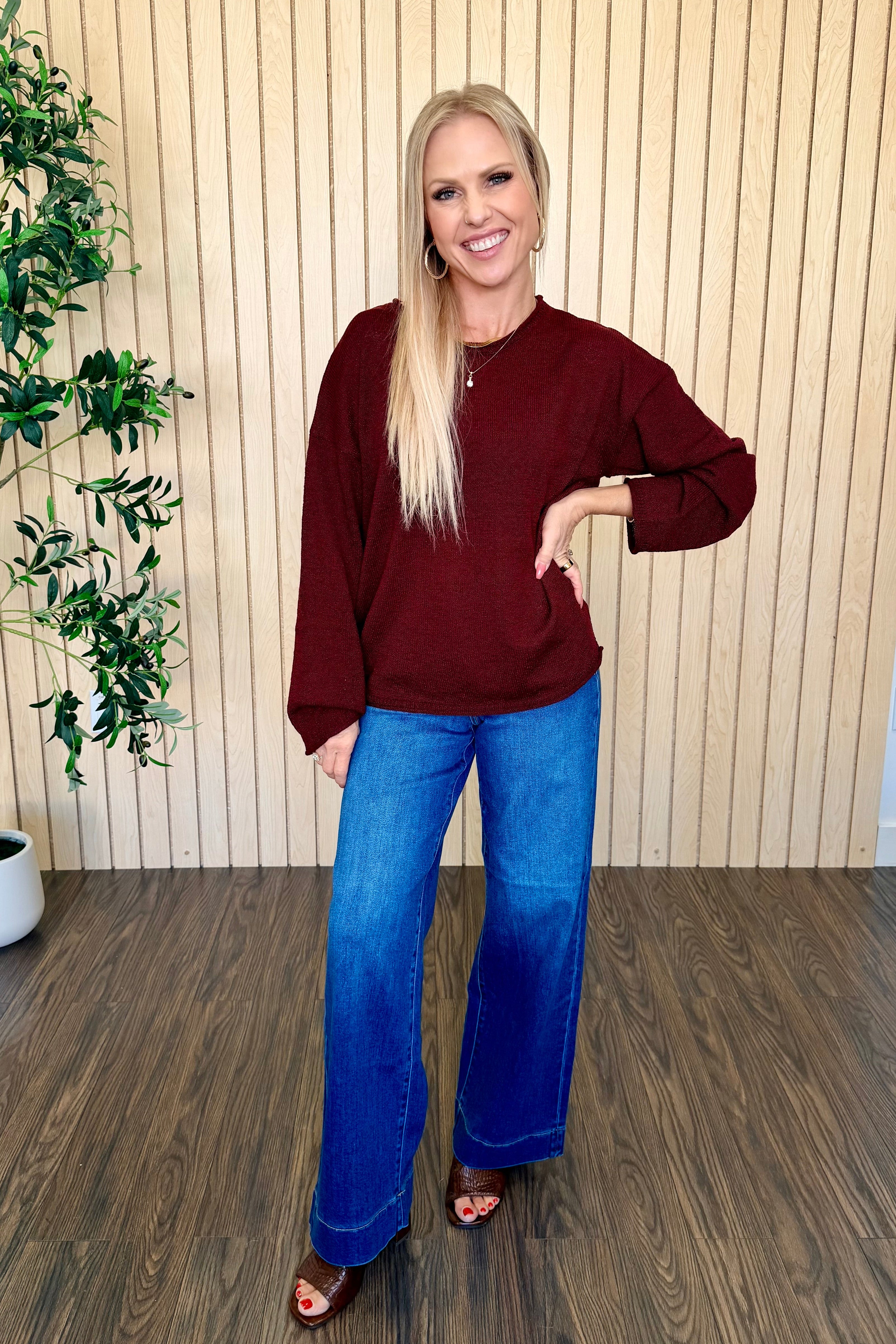 Nori Front Pocket High Rise Wide Leg Jean with the Sequoia Textured Raw Edge Sweater in Oxblood