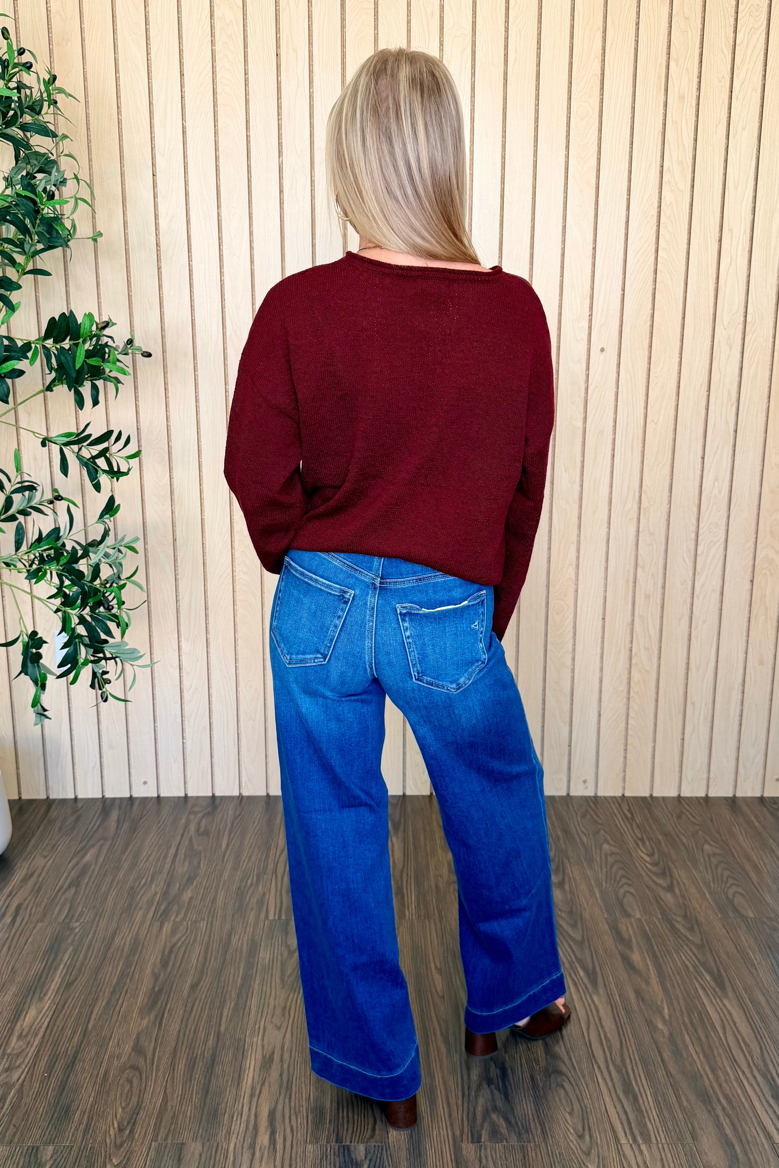 Nori Front Pocket High Rise Wide Leg Jean with the Sequoia Textured Raw Edge Sweater, back view