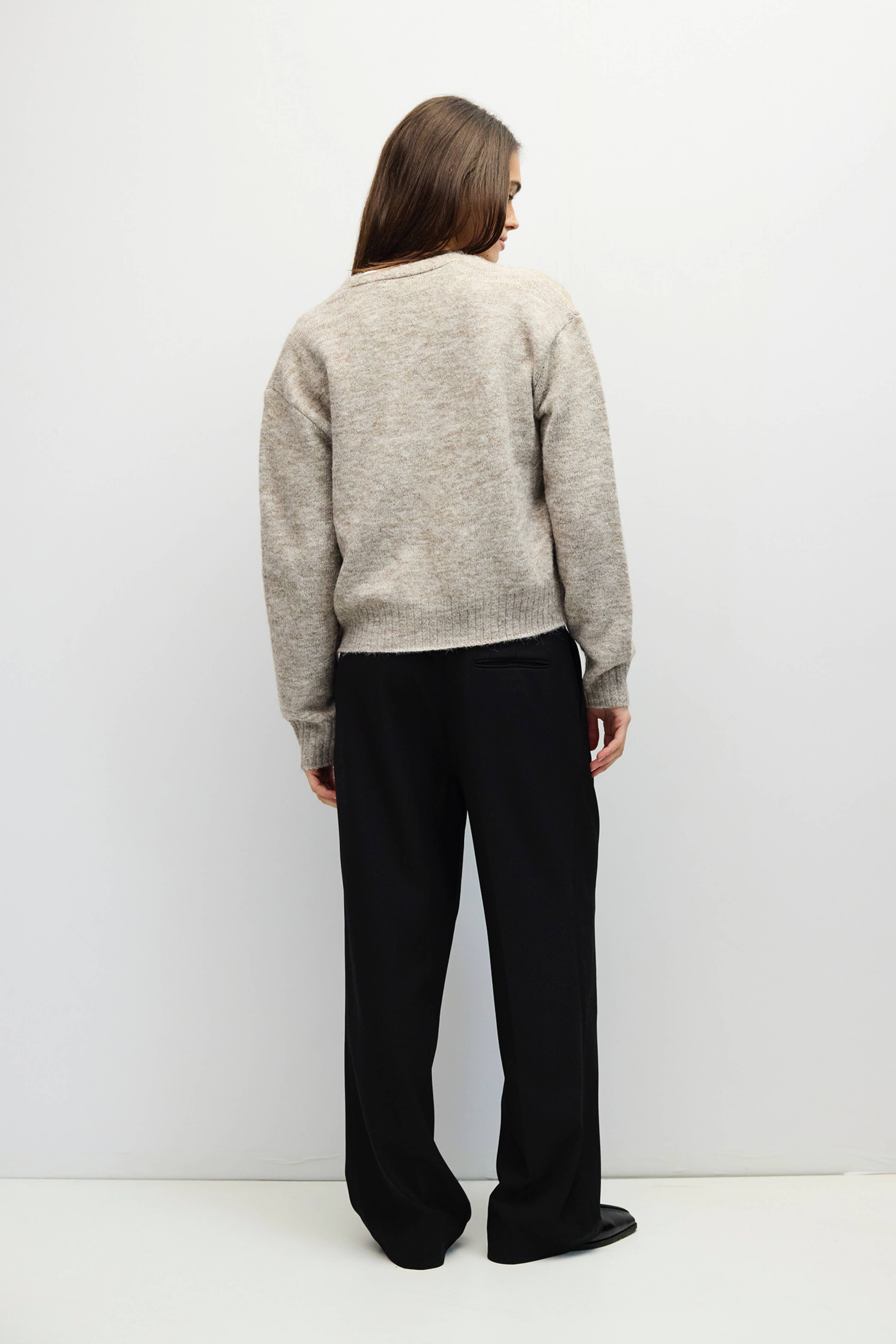 TAUPE 3 fuzzy knit cardigan in taupe, back view