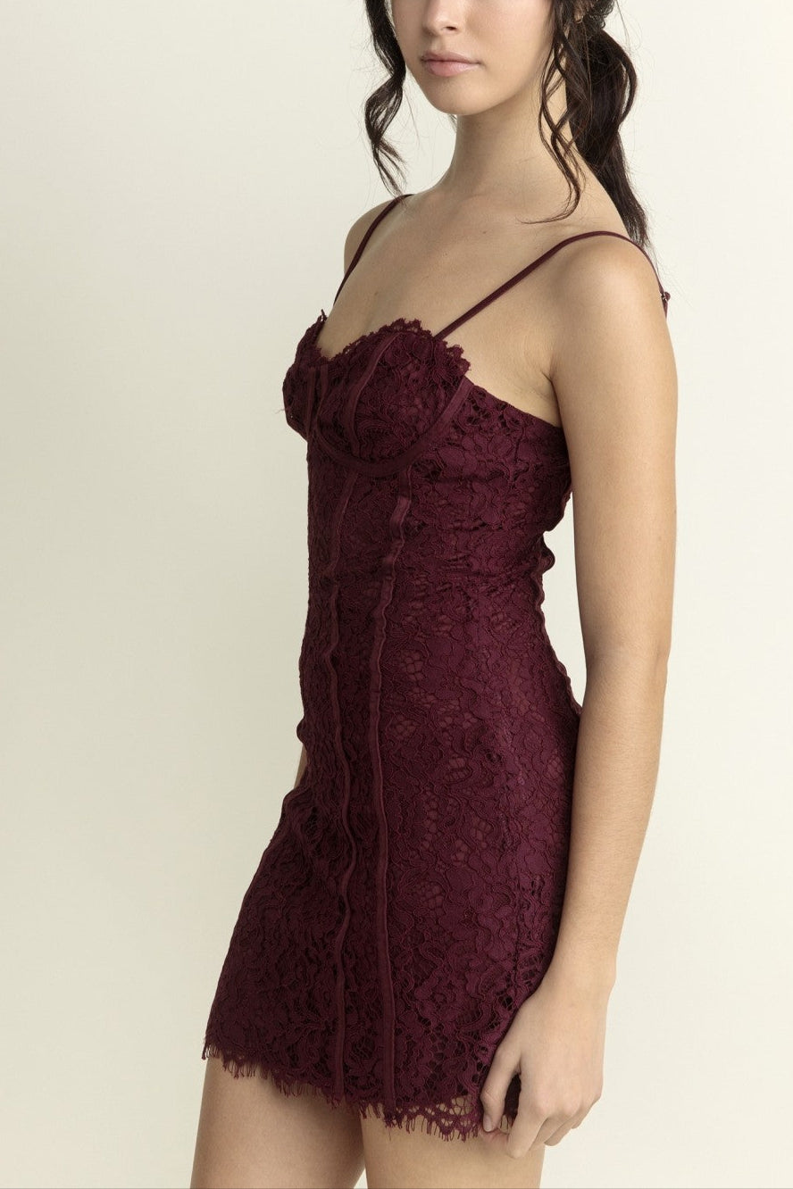 Woman wearing a burgundy lace dress against a plain background