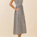 Justine Striped Fitted Ruched Bodice Midi Dress