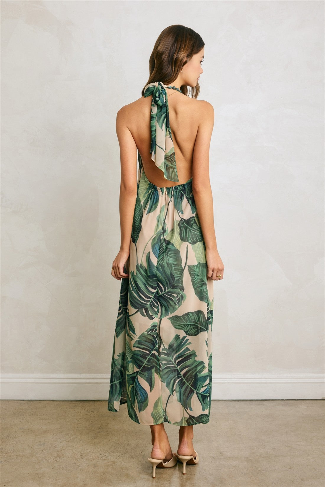 Vesper Beaded Halter Dress in Resort Palm, back
