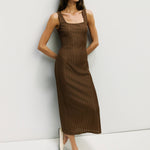Textured knit midi dress in brown, three quarter view