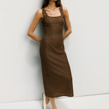 Textured knit midi dress in brown, three quarter view