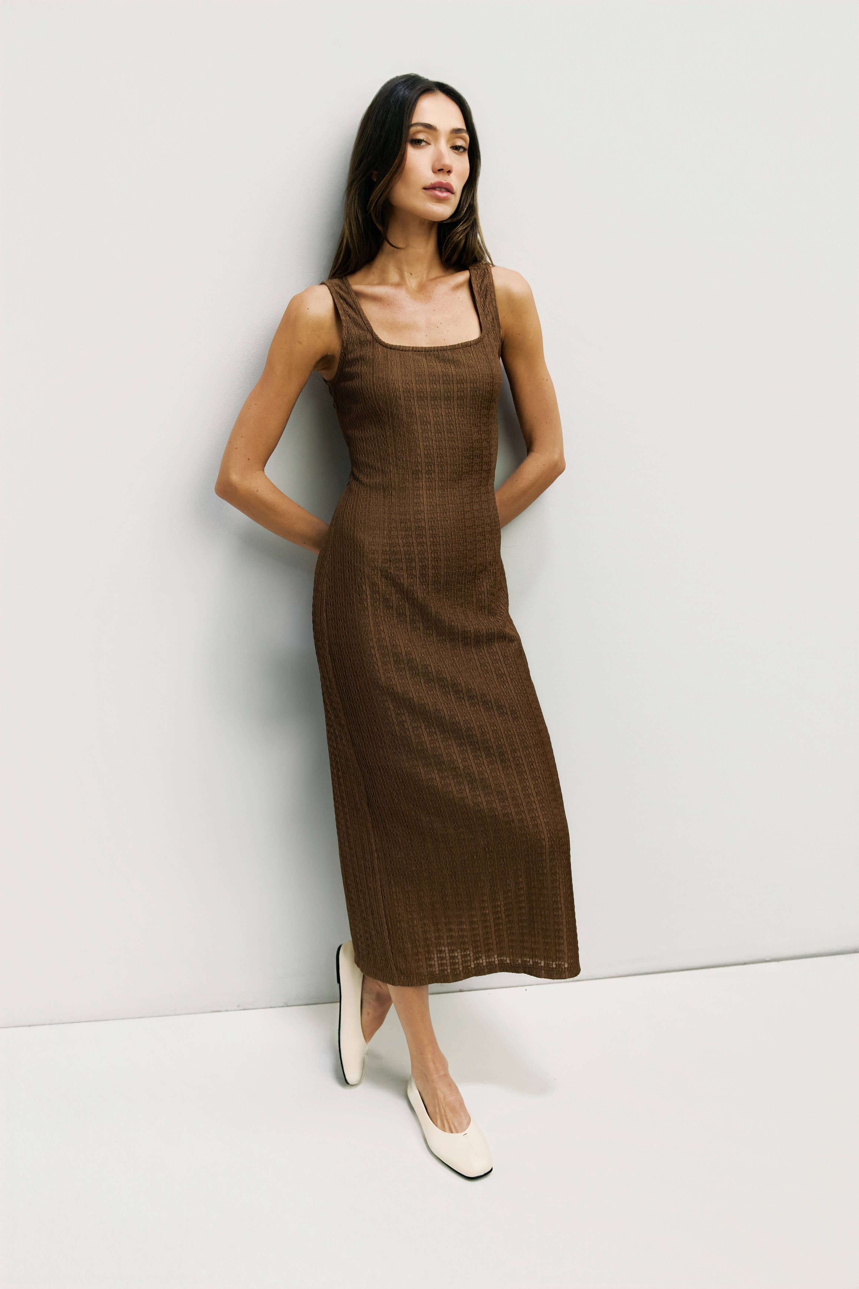 Textured knit midi dress in brown, three quarter view