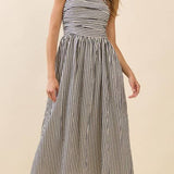 Justine Striped Fitted Ruched Bodice Midi Dress
