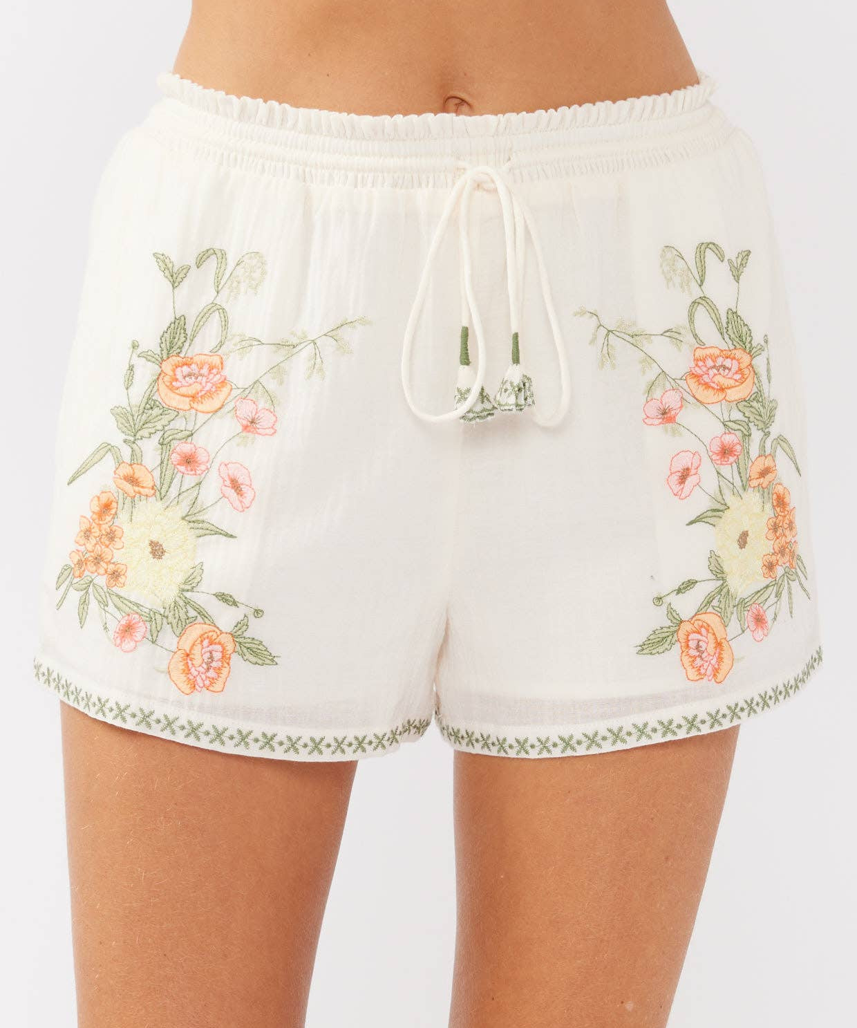 Embroidered Smocked Waist Drawstring Shorts Cream/Coral