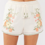 Embroidered Smocked Waist Drawstring Shorts Cream/Coral