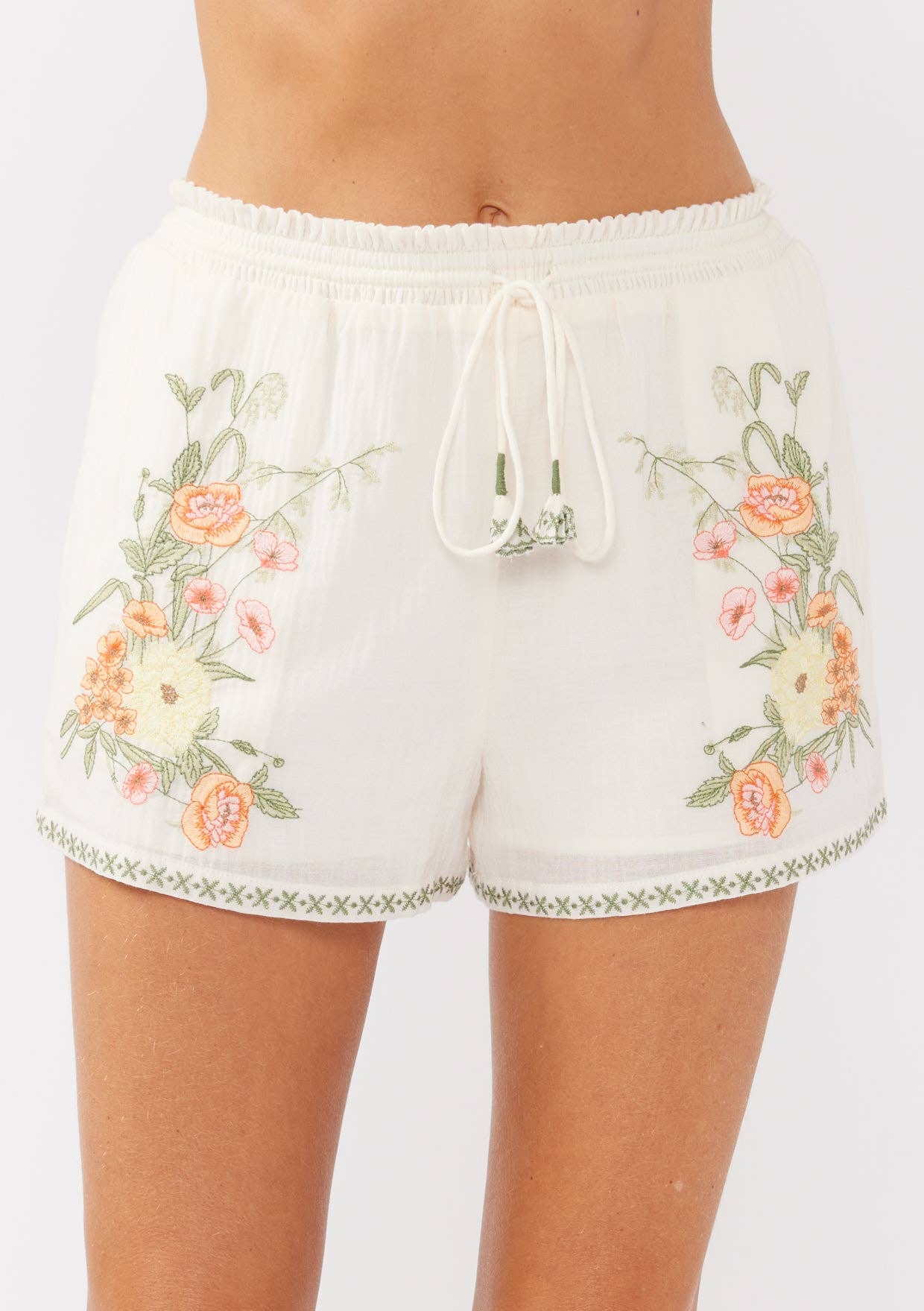 Embroidered Smocked Waist Drawstring Shorts Cream/Coral