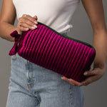 Juniper Velvet Ribbed Pouch in fuchsia and green, detail