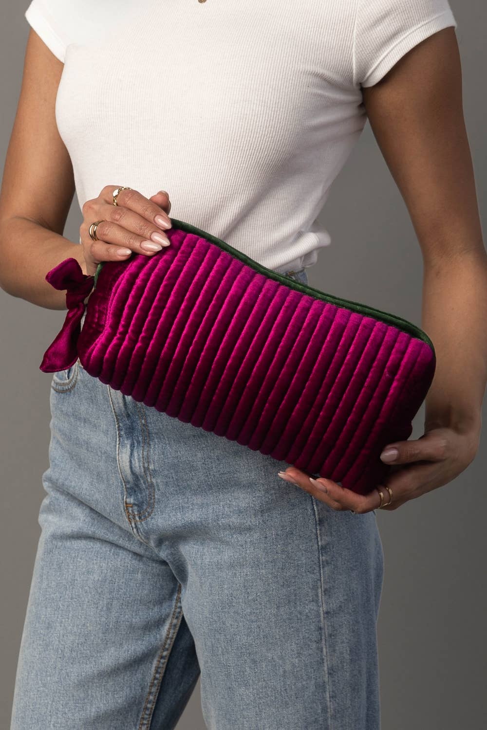 Juniper Velvet Ribbed Pouch in fuchsia and green, detail