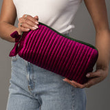 Juniper Velvet Ribbed Pouch in fuchsia and green, detail