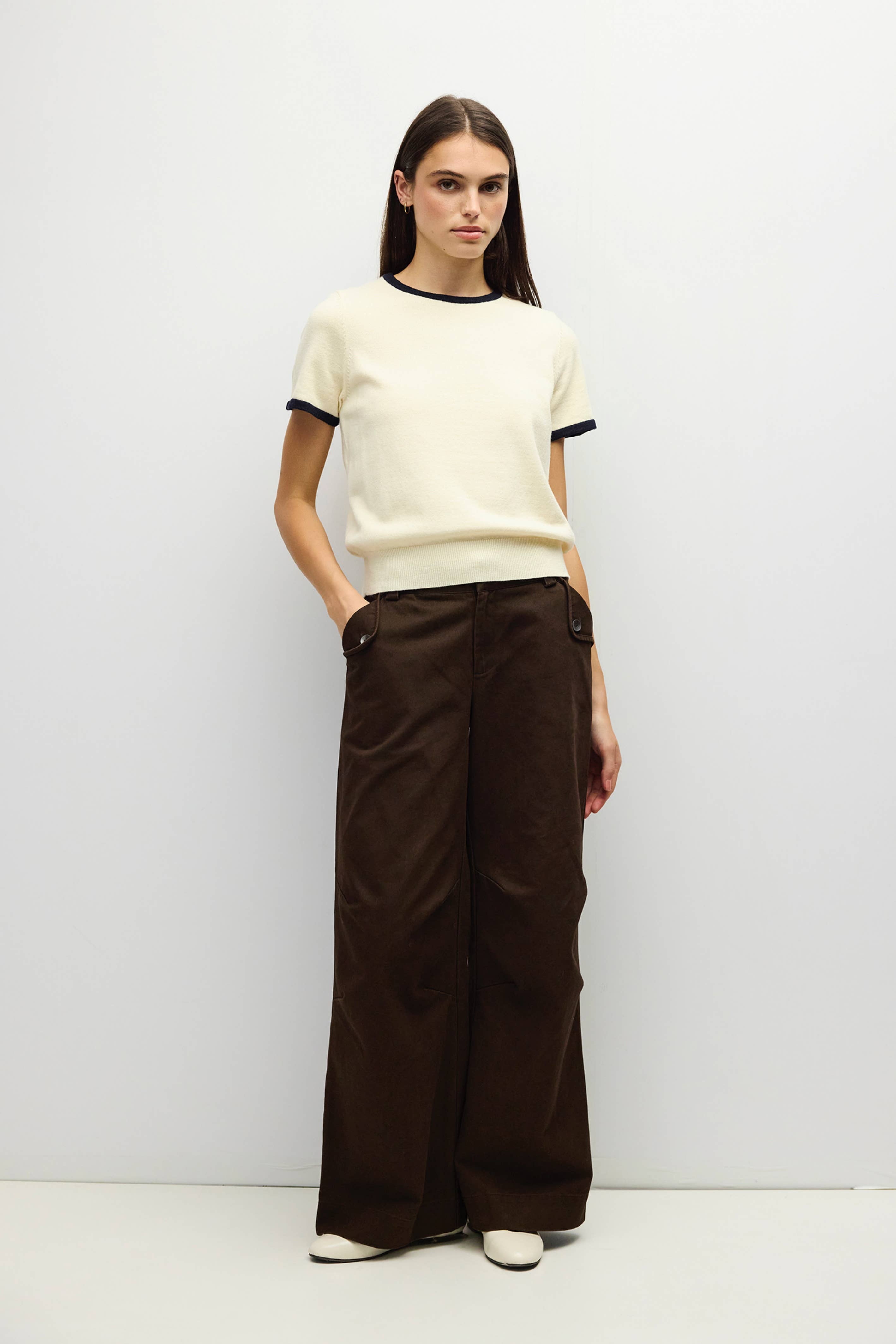 Harbor Ringer Knit Sweater in Cream and Navy, front view