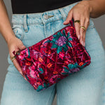 Wildflower Woven Travel Pouch in burgundy floral, held