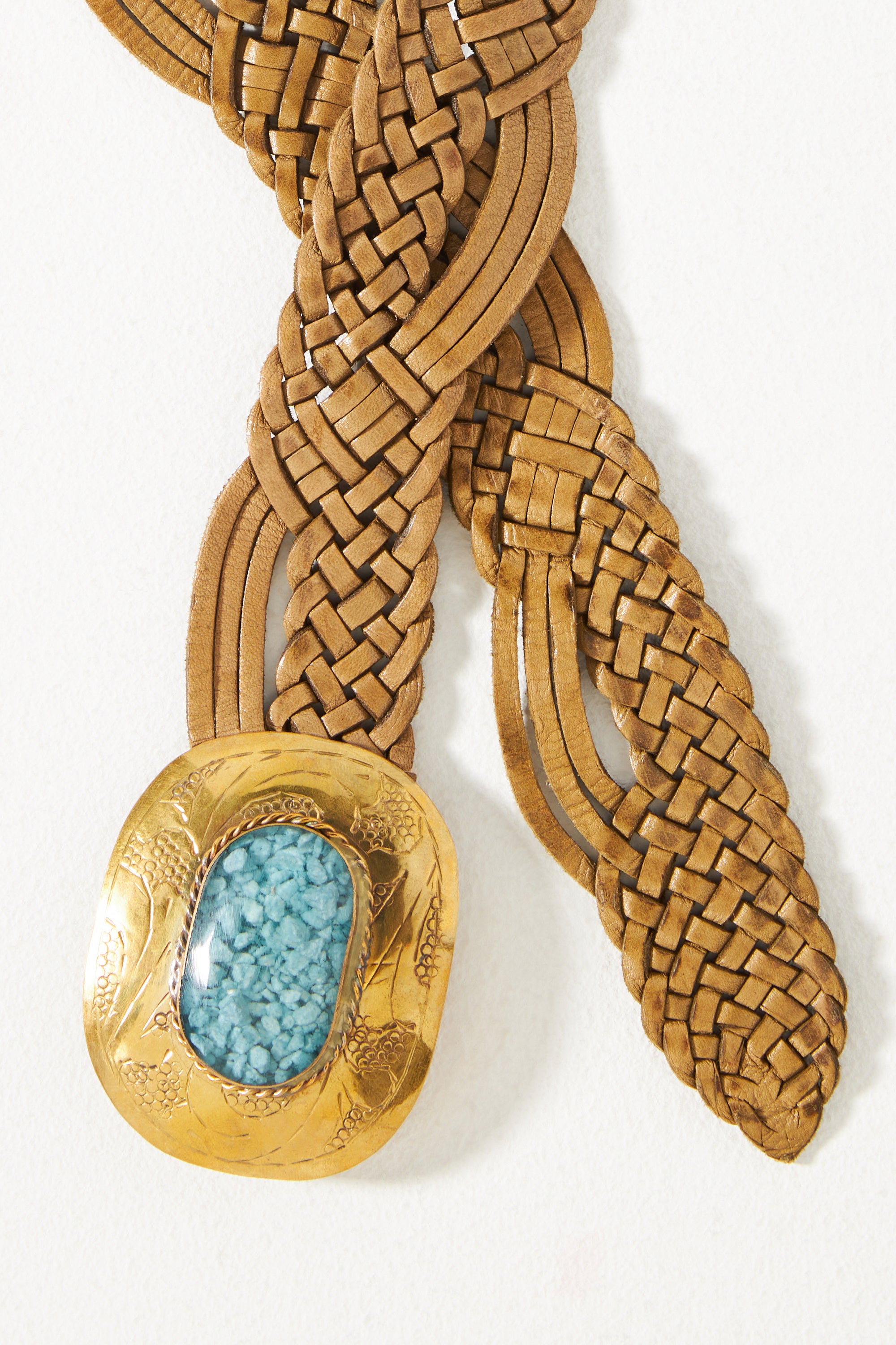 Close up of the gold tone turquoise stone buckle on the Z&L Europe Tuareg Belt