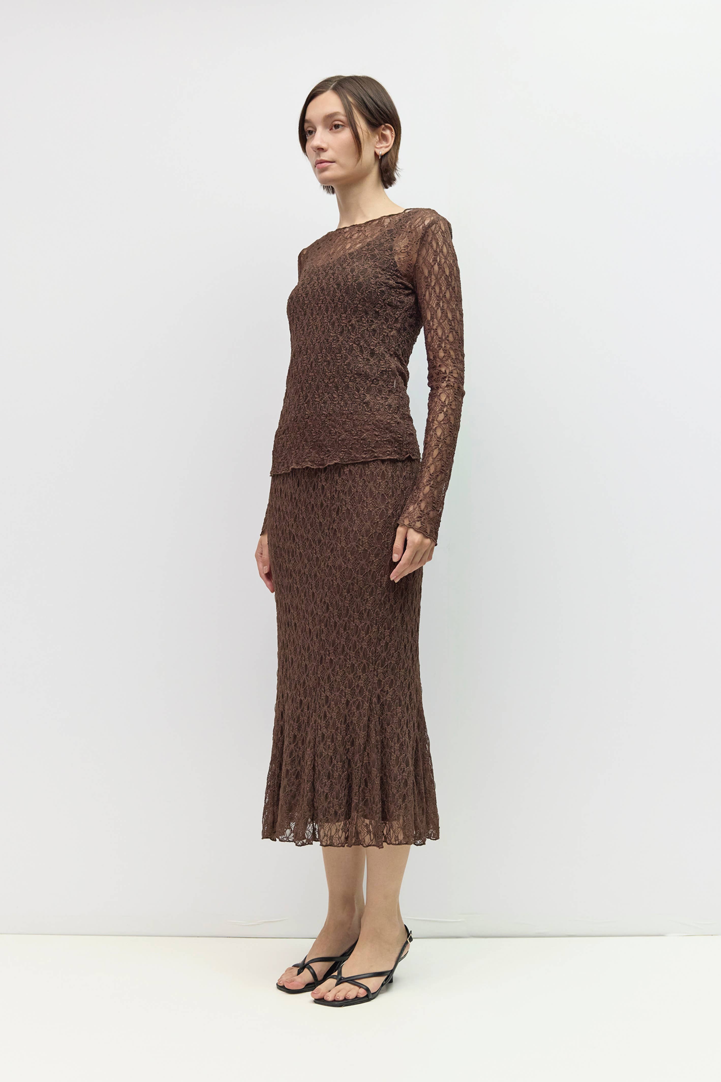 Willow Sheer Lace Top in Brown, detail view