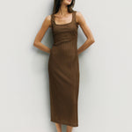 Textured knit midi dress in brown, side view