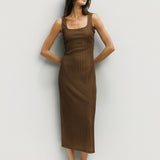 Textured knit midi dress in brown, side view