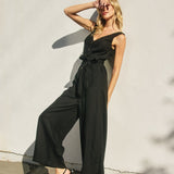 Alder Linen Button Front Jumpsuit in Black, front