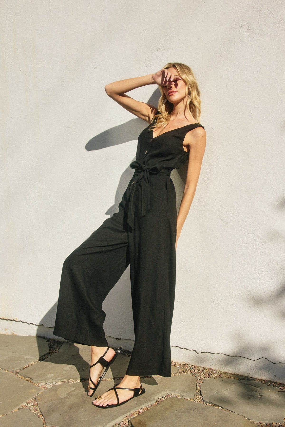 Alder Linen Button Front Jumpsuit in Black, front