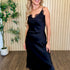 Marlowe Satin Lace V-Neck Midi Dress in Black, hand on hip