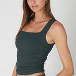 Carly Clean Line Square Shirred Top in Forest Night