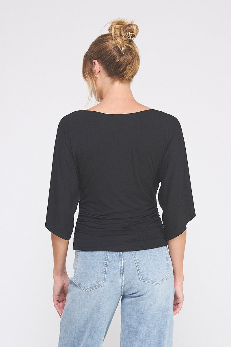 Isla Double Knit Angel Sleeve Cinch Top black sleeve detail