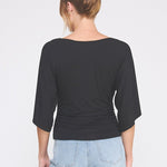 Isla Double Knit Angel Sleeve Cinch Top black sleeve detail