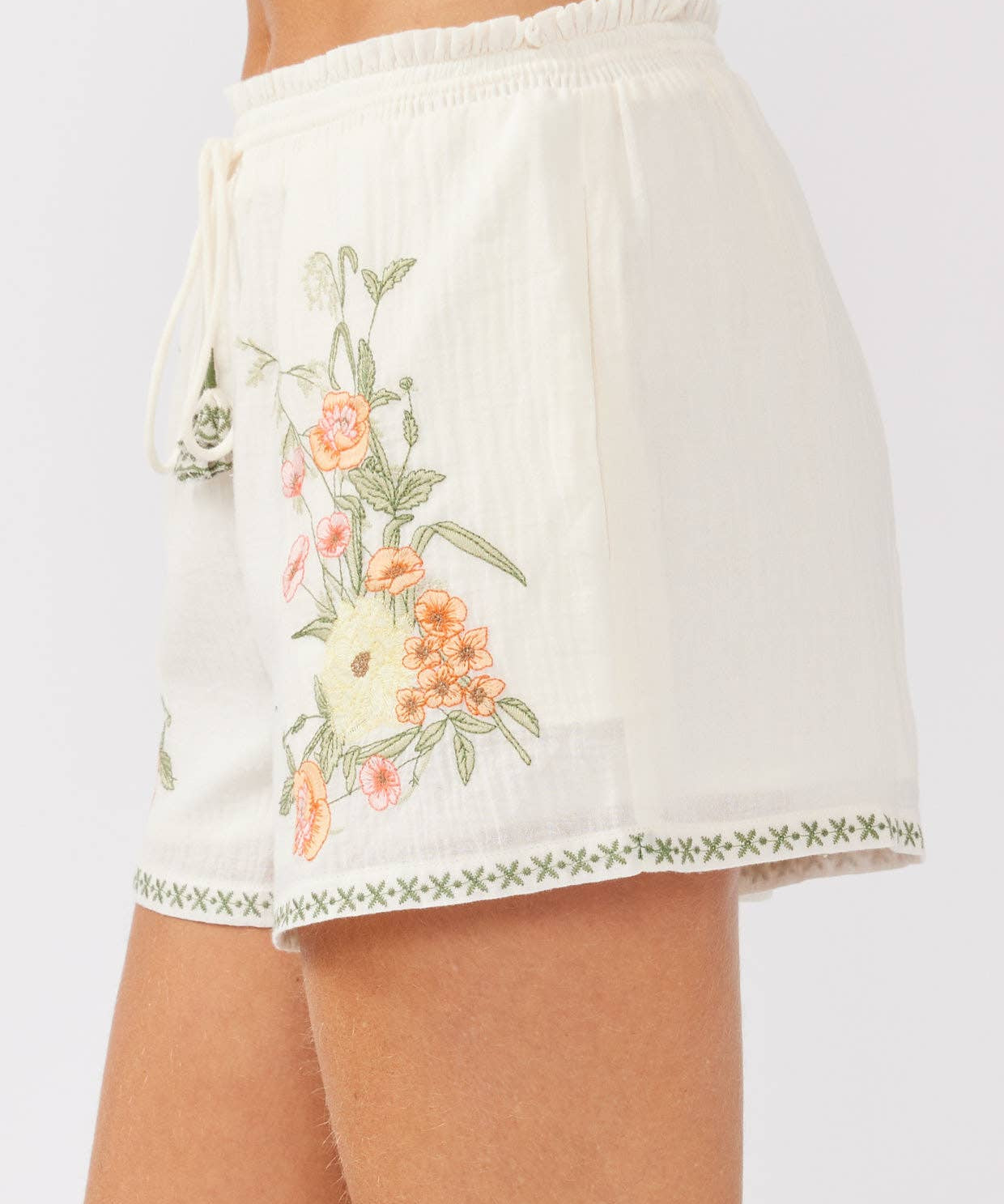 Embroidered Smocked Waist Drawstring Shorts Cream/Coral